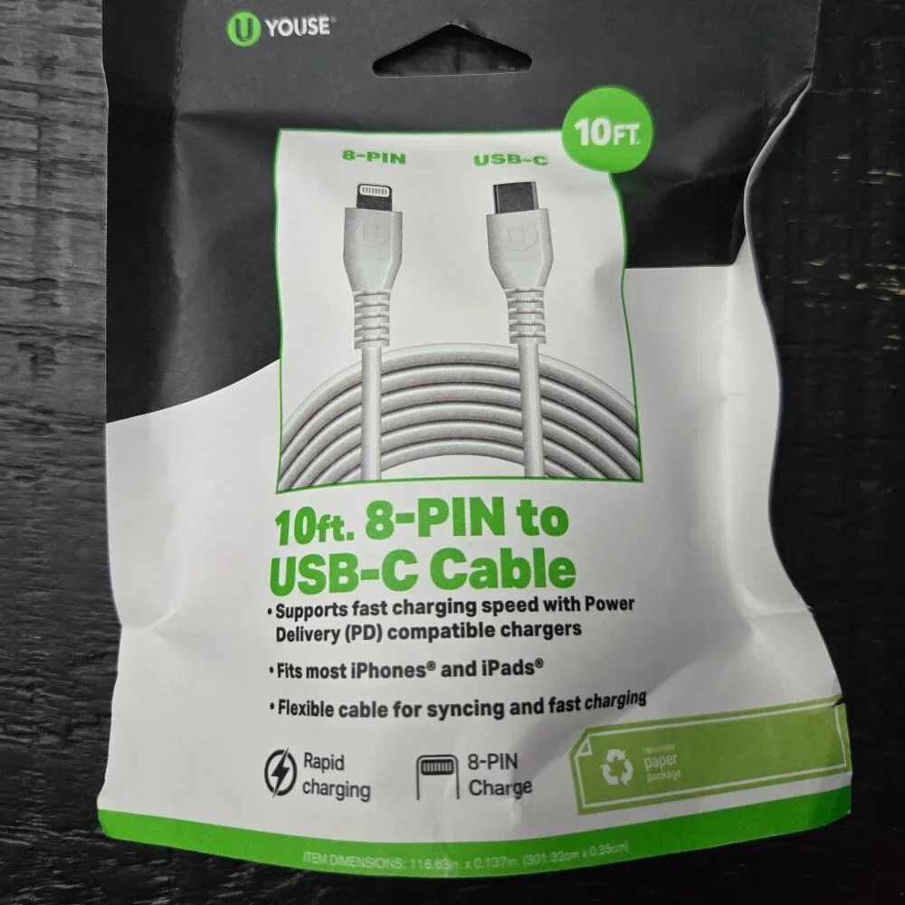 Youse- 10 foot USB cable. 8-pin to USB C, Fast Charging cable. iPads, iPhones.